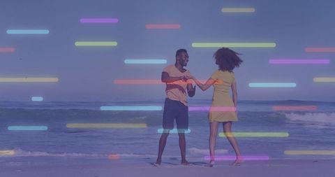 Couple holding hands dancing on beach with pastel neon light bars overlay