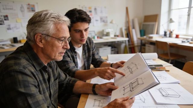 Senior designer guiding young student in sketching and product design collaboration studio