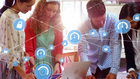 Business Team Collaborating with Digital Interface Icons