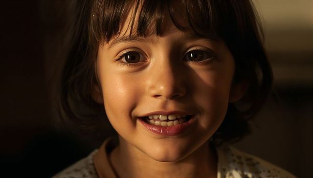 Warm closeup portrait of smiling child with bangs, toothy grin and warm catchlight