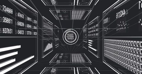 Futuristic Wireframe Data Corridor Featuring Central HUD Ring and Floating Analytics