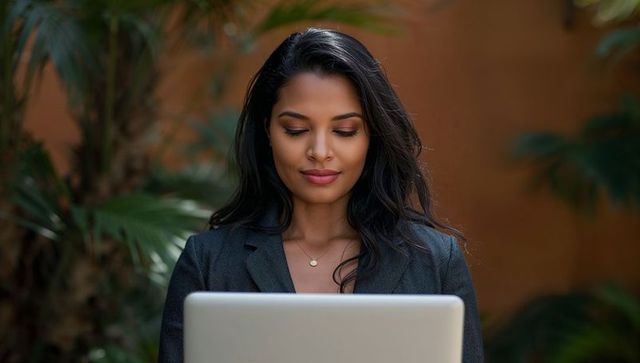 Professional woman working on laptop in sunlit garden courtyard, focused and confident