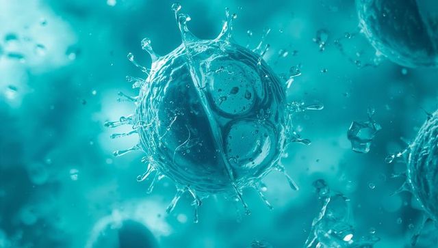 Microscopic virus particle dividing in turquoise fluid with spike proteins and vesicles