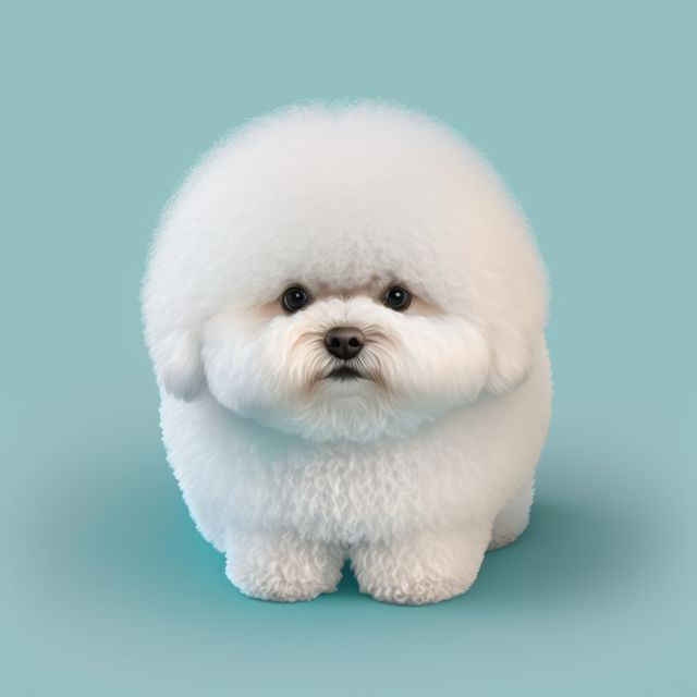 A fluffy white dog looks adorable against a blue background. Its fur is groomed perfectly, showcasing the breed's characteristic puffiness.