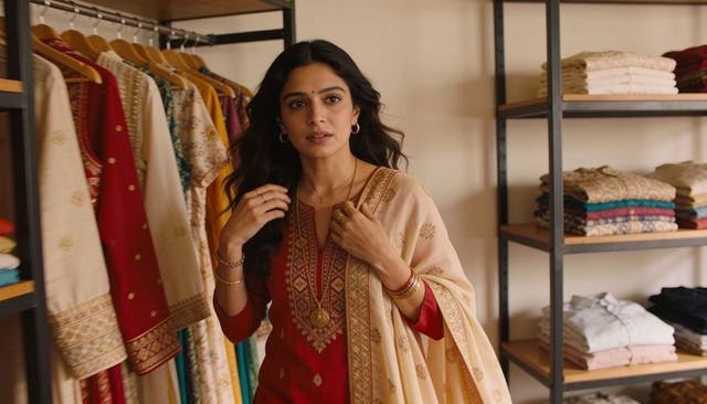 Woman adjusting pendant in boutique wearing red embroidered kurta and beige elegant dupatta