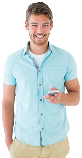 Transparent Young Man Smiling and Typing on Smartphone in Light Blue Shirt - Download Free Stock Videos Pikwizard.com