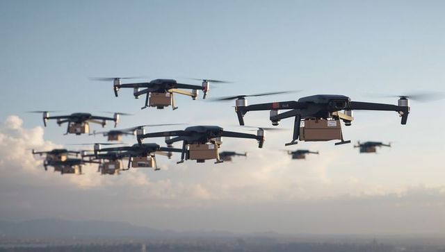 Autonomous delivery drone fleet carrying parcels over urban skyline at sunset in formation