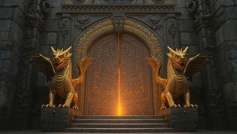 Mystical golden dragons in majestic castle entrance