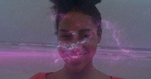 Cosmic Portrait of Smiling Woman on Beach with Nebula