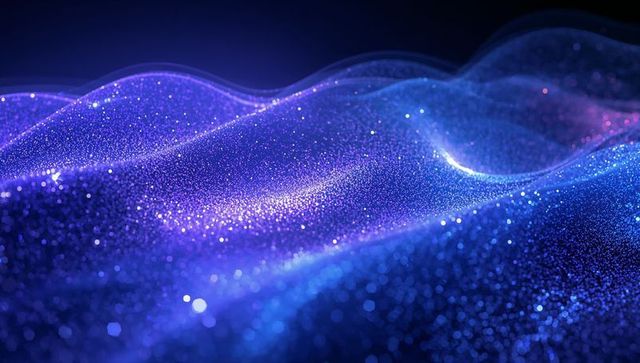 Glowing violet-blue particle waves creating sparkling iridescent abstract landscape