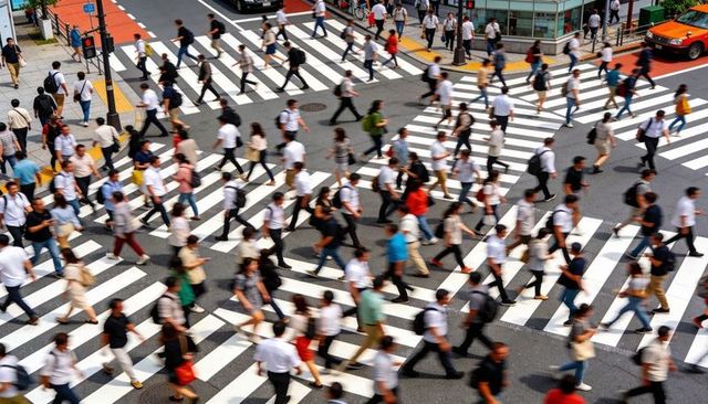 Aerial view of busy urban crosswalks with hundreds of commuters moving across intersection