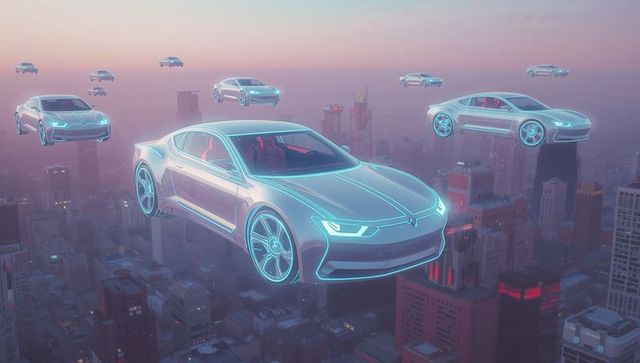 Futuristic Electric Vehicles Hovering Over Modern Cityscape