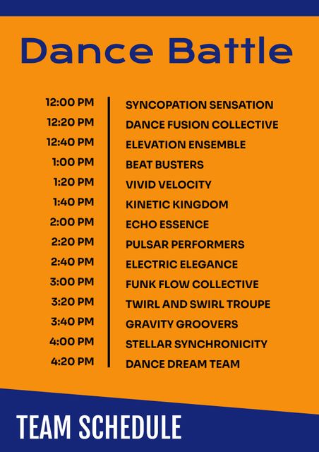 Colorful dance battle team schedule showing performance times. Can be used for event promotions, social media announcements, or creating flyers for dance competitions.
