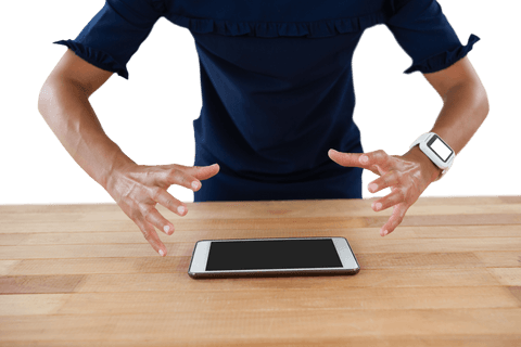 frustrated executive hovering over transparent tablet on wood surface - Download Free Stock Videos Pikwizard.com