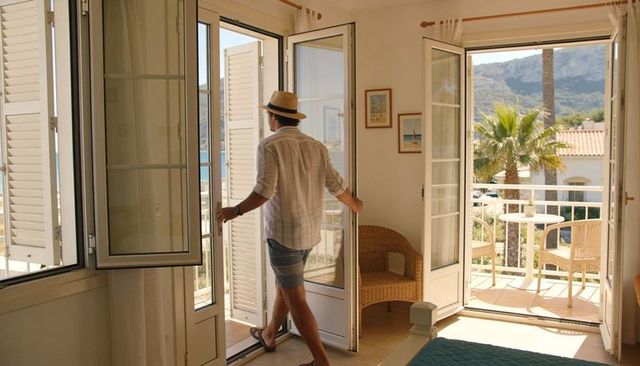 Man stepping onto sunlit balcony from coastal bedroom wearing straw hat and sandals