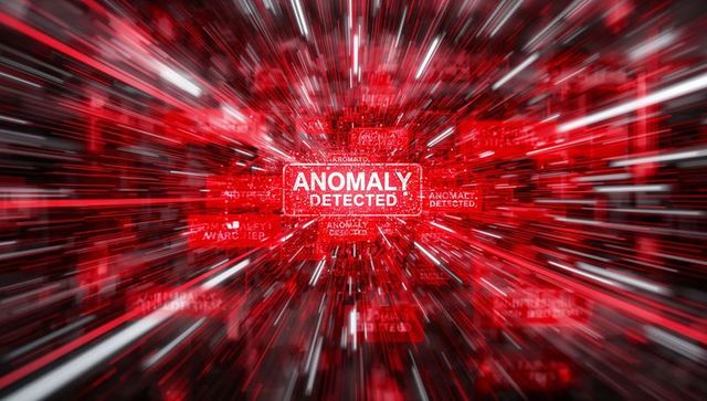 Displaying red cybersecurity alert anomaly detected with radial data streaks and code