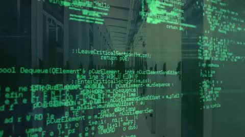Animated Green Code Drifting Over Datacenter Aisle Revealing Server Racks and Cables