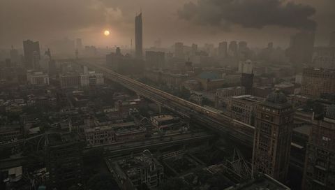 Futuristic Metro Gliding Through Hazy Urban Sunset Scene