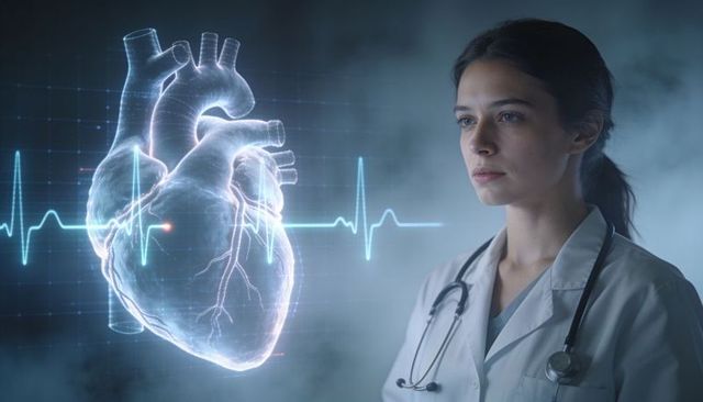 Female cardiologist analyzing holographic heart and ecg for futuristic cardiac diagnostics