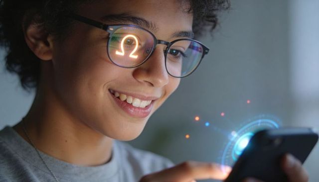 Smiling student holding smartphone with ar omega symbol reflecting in glasses