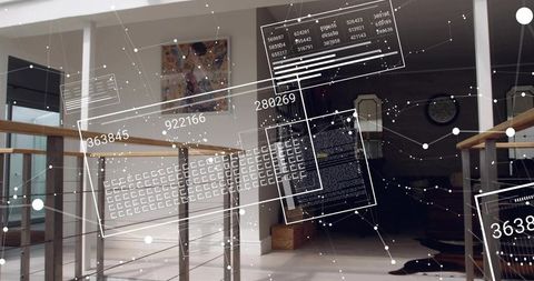 Augmented reality dashboard overlay on modern loft landing with floating holographic panels
