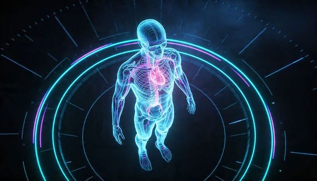 Holographic human anatomy hud with glowing skeleton and pulsing heart highlight