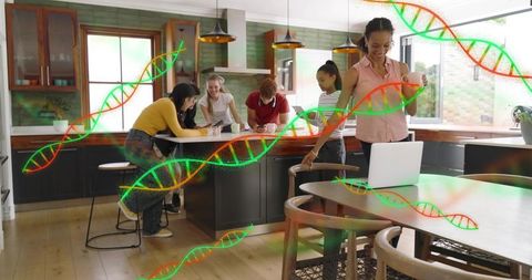 Diverse group collaborating in modern kitchen with dna graphics overlay