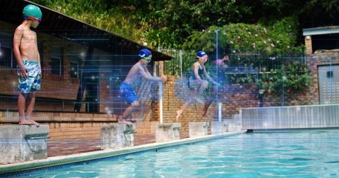 Children jumping from pool blocks showing motion sequence during swim practice and play