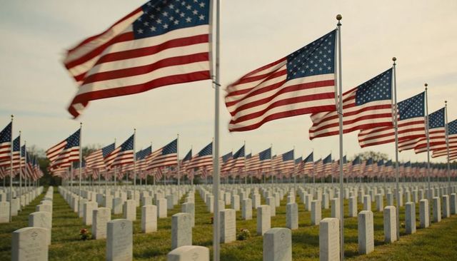 American flags waving over military cemetery rows sunrise memorial tribute