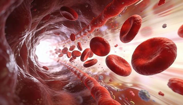 Dynamic bloodstream flow with erythrocytes and platelets traveling through vascular lumen