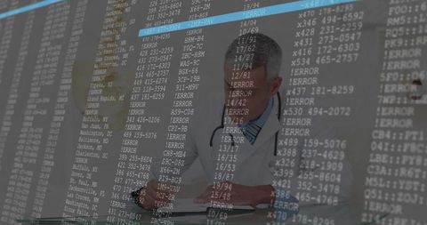 Doctor with stethoscope analyzing data-driven medical information