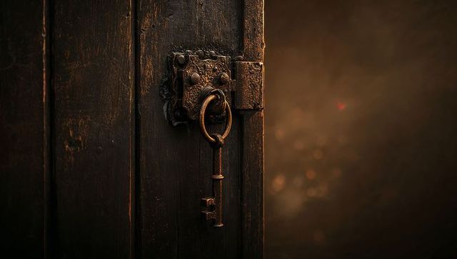 Antique Skeleton Key Hanging on Vintage Wooden Door