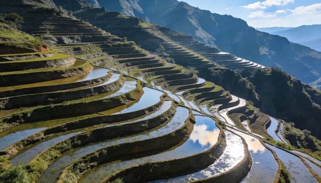 Sunlit flooded rice terraces reflecting blue sky on steep mountain hillside