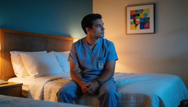 Contemplative nurse sitting on hotel bed in blue scrubs looking out, evening solitude