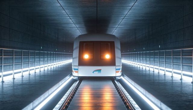 Futuristic subway train approaching in illuminated concrete tunnel with mirrored reflections