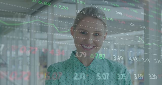 Image of stock market data processing against caucasian woman smiling at office - Download Free Stock Photos Pikwizard.com