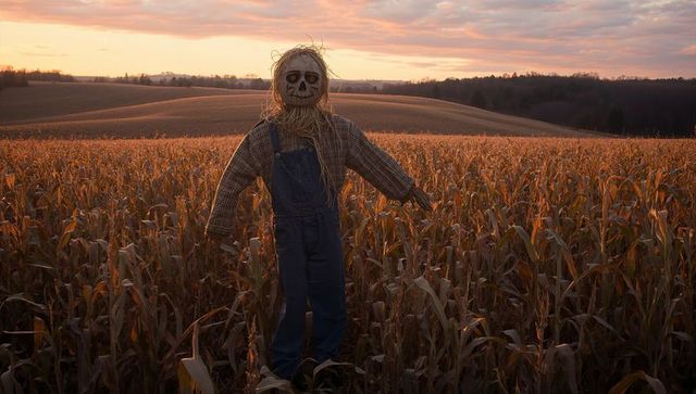 Rustic scarecrow in cornfield at sunset