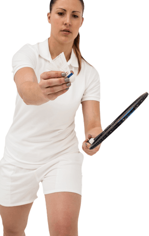 Focused female badminton player with racket on transparent background