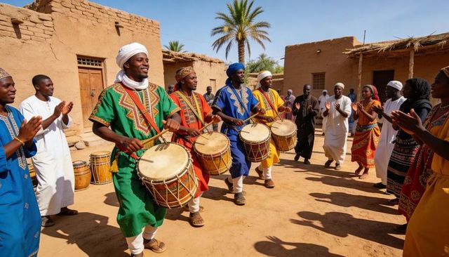 West african drummers leading village celebration in colorful tunics and rope drums