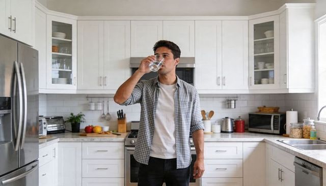 Young man drinking water in bright modern kitchen wearing checkered shirt and jeans