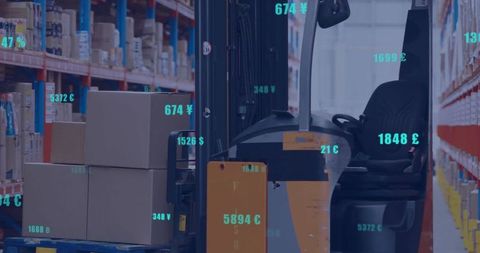 Forklift transporting pallet of stacked boxes down warehouse aisle with inventory overlays