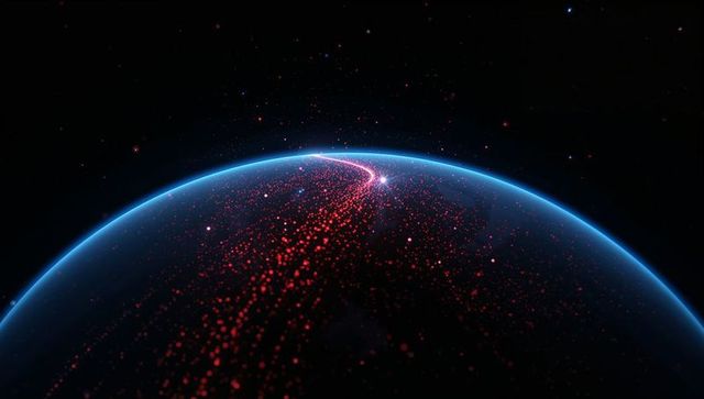 Planetary Horizon Glowing with Curving Crimson Particle Stream into Deep Space