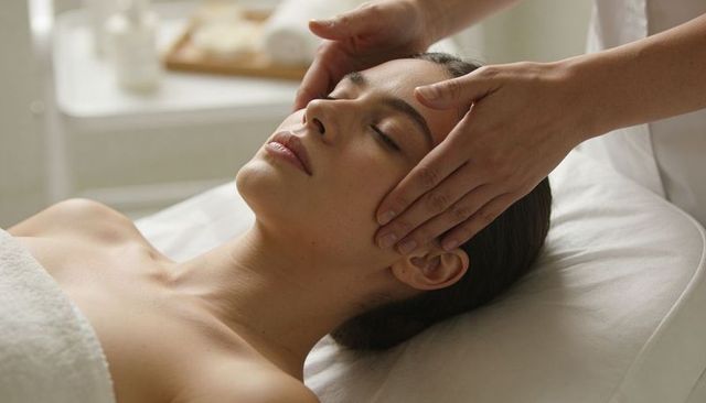 Woman receiving calming facial massage on spa bed, therapist hands soothing temples