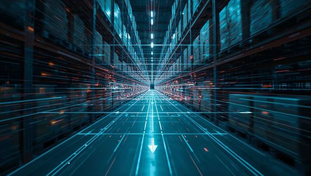 Futuristic warehouse corridor with glowing gridlines