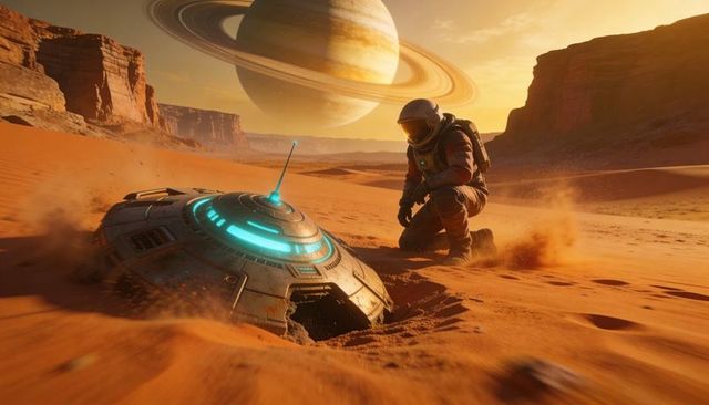 Astronaut kneeling studying crashed alien craft on dunes beneath ringed planet at sunset
