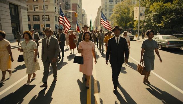 Marching downtown in retro 1960s style with flag bearers and leading woman