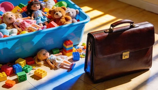 Resting leather briefcase catching sunlight beside scattered toys and dolls
