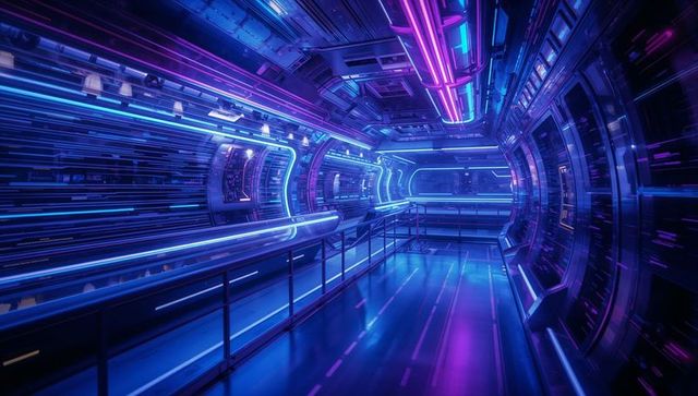 Futuristic neon sci-fi corridor in spaceship interior
