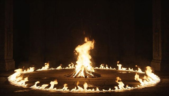Ritual bonfire with ring of fire in vaulted stone chamber, dramatic ember and smoke