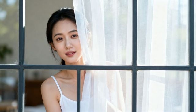 Serene woman gazing through sheer curtain at sunlit paned window lifestyle portrait